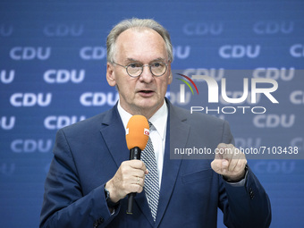Prime Minister of Saxony-Anhalt Reiner Haseloff is pictured during a press conference following a party's leadership meeting at the CDU head...