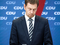 Saxony's State Premier Michael Kretschmer is pictured during a press conference following a party's leadership meeting at the CDU headquarte...