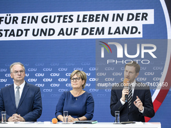 (L-R) Reiner Haseloff, Barbara Klepsch and Michael Kretschmer are pictured during a press conference following a party's leadership meeting...
