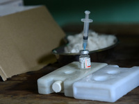 A dose of COVID-19 coronavirus vaccine in a vaccination centre at a village in Barpeta, Assam, India on 20 September 2021.  (