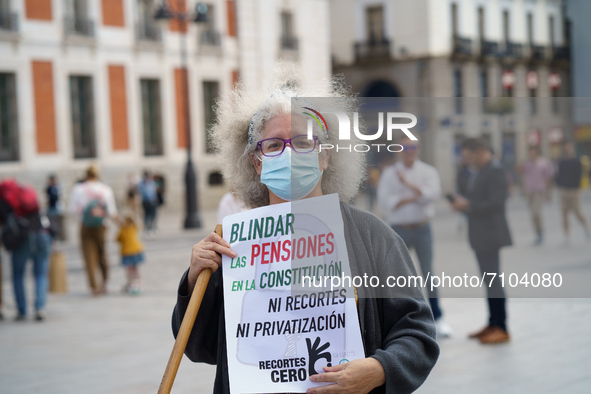 Demonstrators during a protest in support of the constitutional shield of the public pension system in Puerta del Sol in Madrid. Spain on Se...