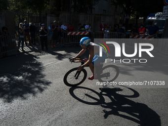 An athlete in Bertinoro, at Ironman Italy 2021, on September 18, 2021. Ironman Italy 2019 in Cervia, Emilia Romagna, Italy. More than 1600 a...