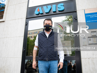 Lega political party leader Matteo Salvini donate his blood at Avis association on April 30, 2021 in Milan, Italy. (