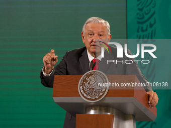 Mexican President, Andres Manuel Lopez Obrador, gesticulates while response question from media during his daily morning briefing conference...