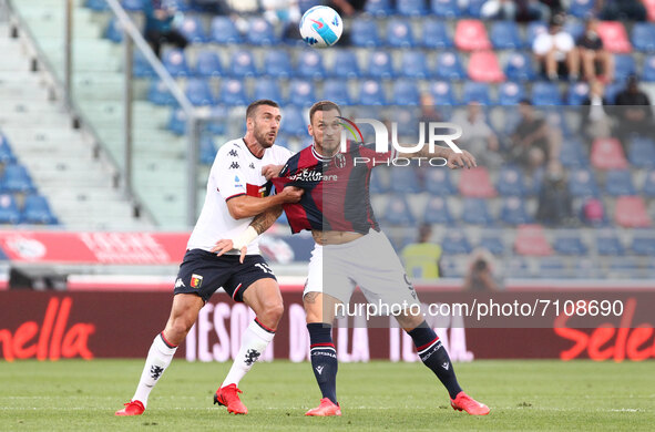 Mattia Bani (Genoa CFC) (left) and Marko Arnautovic (Bologna F.C.) during the Italian Serie A soccer match Bologna F.C. vs Genoa C.F.C. at t...