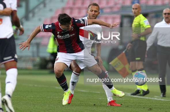 Riccardo Orsolini (Bologna F.C.) competes for the ball with Domenico Criscito (Genoa CFC)  during the Italian Serie A soccer match Bologna F...