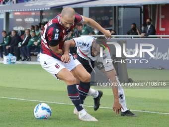 Lorenzo De Silvestri (Bologna F.C.) (left) competes for the ball with Mohamed Fares (Genoa CFC) during the Italian Serie A soccer match Bolo...