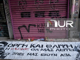 Protest rally by LGBTQ members and other activists three year since the murder of gay activist Zak Kostopoulos in Athens, Greece on Septembe...
