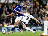 Tyler Roberts of Leeds United kicks the ball during the Carabao Cup match between Fulham and Leeds United at Craven Cottage, London on Tuesd...