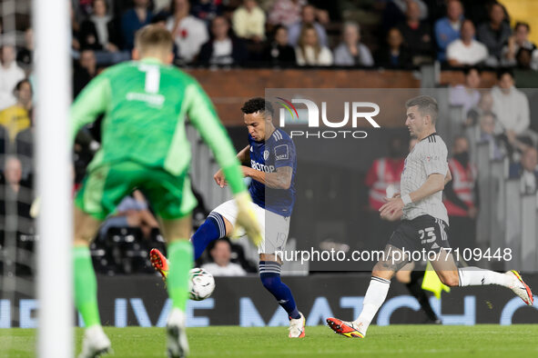 Rodrigo Moreno of Leeds United kicks the ball during the Carabao Cup match between Fulham and Leeds United at Craven Cottage, London on Tues...