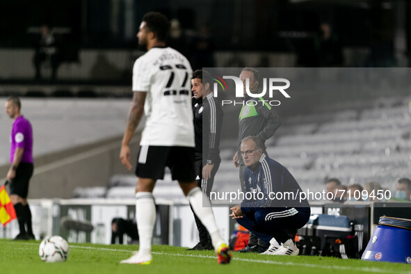 Marcelo Bielsa, manager of Leeds United, looks on during the Carabao Cup match between Fulham and Leeds United at Craven Cottage, London on...