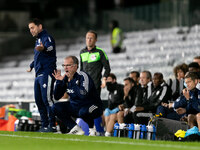 Marcelo Bielsa, manager of Leeds United, reacts during the Carabao Cup match between Fulham and Leeds United at Craven Cottage, London on Tu...
