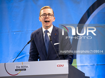 CDU politician Philipp Amthor speaks during a campaign rally in Stralsund, Mecklenburg-Western Pomerania, in Germany on September 21, 2021,...