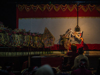 A Wayang Kulit or leather puppet show on September 21, 2021 in Sumowono, Central Java Province, Indonesia. Wayang kulit is a traditional pup...