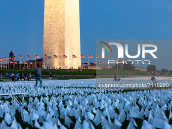 Visitors walk among the more than 670,000 white flags covering 20 acres of the National Mall in an art memorial for Covid-19 victims by Suza...