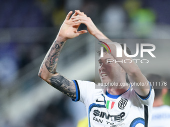 Alessandro Bastoni of FC Internazionale celebrates the victory at the end of the Serie A match between ACF Fiorentina and FC Internazionale...