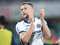 Milan Skriniar of FC Internazionale of FC Internazionale celebrates the victory at the end of the Serie A match between ACF Fiorentina and F...