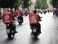 Efood delivery employees protest in Athens, Greece on September 22, 2021. Efood, the most popular delivery company in Greece, decided to mak...