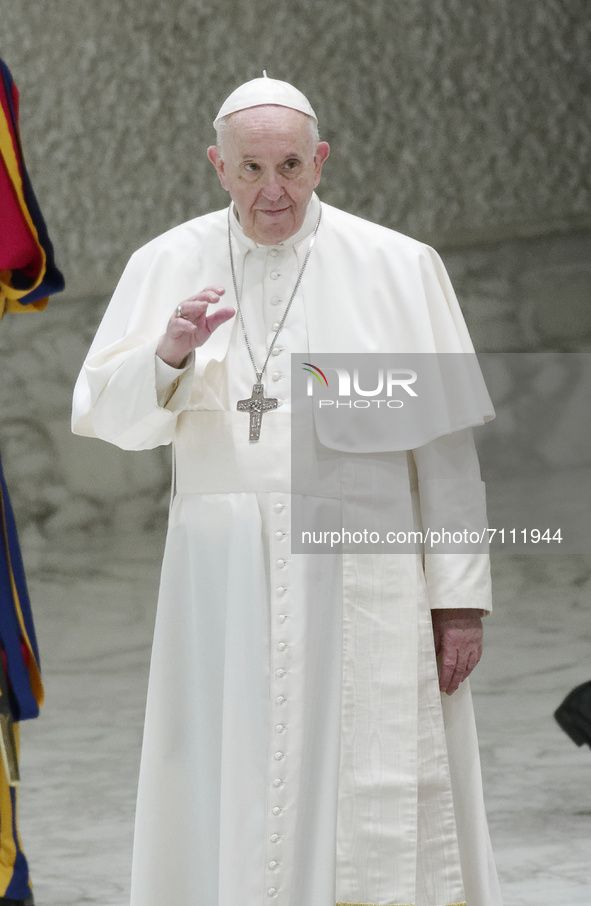 Pope Francis attends his weekly general audience, held in the Paul VI hall, at the Vatican, Wednesday, Sept. 22, 2021.  