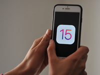New iOS 15 logo displayed on an iphone screen is seen in this illustration photo taken in L'Aquila, Italy, on September 22, 2021. (