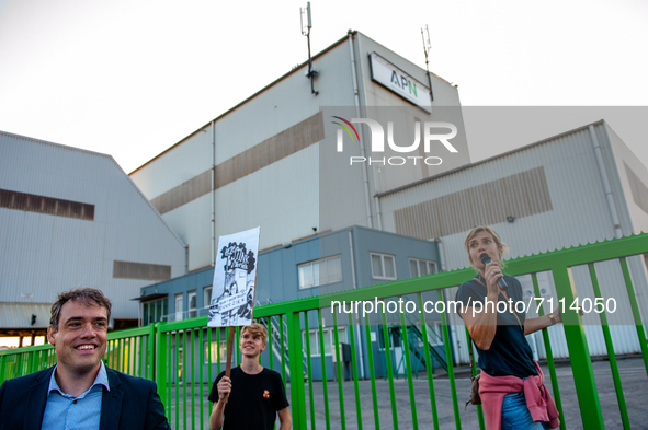 A represent of the local residents is giving a speech in front of the APN factory, during a demonstration against the APN asphalt plant, in...