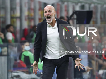 Stefano Pioli head coach of AC Milan reacts during the Serie A match between AC Milan and Venezia FC at Stadio Giuseppe Meazza on September...