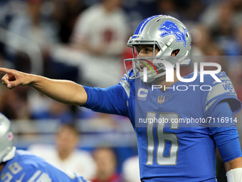 Detroit Lions quarterback Jared Goff (16) signals at the line of scrimmage during an NFL football game between the Detroit Lions and the San...