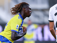 Moise Kean of FC Juventus celebrates after scoring first goal during the Serie A match between Spezia Calcio and FC Juventus at Stadio Alber...