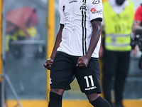 Emmanuel Gyasi of Spezia Calcio celebrates after scoring first goal during the Serie A match between Spezia Calcio and FC Juventus at Stadio...