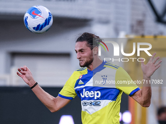 Adrien Rabiot of FC Juventus jumps for the ball during the Serie A match between Spezia Calcio and FC Juventus at Stadio Alberto Picco on 22...