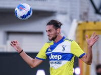 Adrien Rabiot of FC Juventus jumps for the ball during the Serie A match between Spezia Calcio and FC Juventus at Stadio Alberto Picco on 22...
