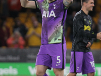 Pierre-Emile Højbjerg of Tottenham Hotspur celebrates winning the penalty shoot-out during the Carabao Cup match between Wolverhampton Wande...