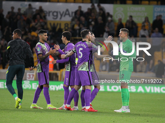 Spurs celebrate winning the penalty shoot-out during the Carabao Cup match between Wolverhampton Wanderers and Tottenham Hotspur at Molineux...