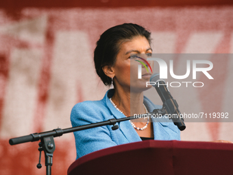 Sahra Wagenknecht, a left wing politician, speak to the crowd and rally for Left wing party in Bonn, Germany on September 23, 2021 few days...