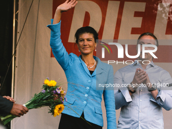 Sahra Wagenknecht, a left wing politician, receoves flowers in Bonn, Germany on September 23, 2021 few days before election days in Germany...