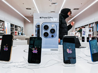 iPhones 13 Pro are seen at iSpot store inside Bonarka shopping mall in Krakow, Poland on September 24th, 2021. The global launch o the iPhon...