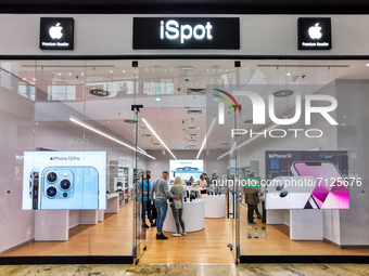 iPhone 13 ad is seen on iSpot store inside Bonarka shopping mall in Krakow, Poland on September 24th, 2021. The global launch o the iPhone 1...