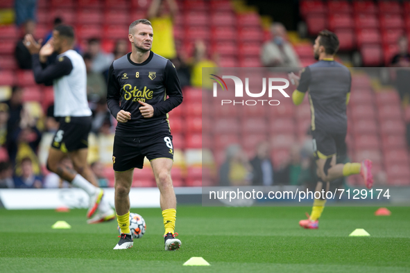 Tom Cleverley of Watford warms up during the Premier League match between Watford and Newcastle United at Vicarage Road, Watford on Saturday...