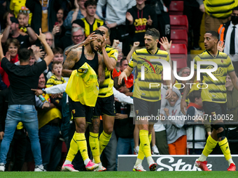 Joao Pedro of Watford celebrates after scoring during the Premier League match between Watford and Newcastle United at Vicarage Road, Watfor...