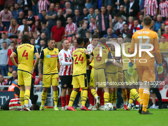 Bolton and Sunderland Players clash following a foul near the touchline during the Sky Bet League 1 match between Sunderland and Bolton Wand...