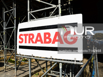 Strabag logo is seen at the contruction site in Krakow, Poland on September 27, 2021. (