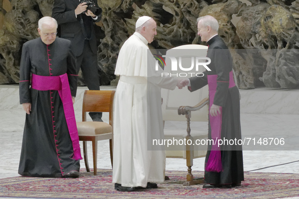 Pope Francis begins the weekly general audience in the Paul VI Hall at the Vatican, Wednesday, Sept. 29, 2021.  