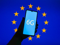 6G sign is seen on the smartphone screen with European Union flag in the background in this  illustration photo taken in Krakow, Poland on S...