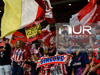 Supporters during La Liga match between Atletico de Madrid and FC Barcelona at Wanda Metropolitano on October 2, 2021 in Madrid, Spain. (