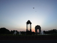A general view of India Gate during sunset, a war memorial built to commemorate the Indian soldiers who died in First World War, in New Delh...
