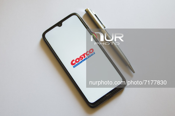 In this photo illustration a Costco logo is display on a smartphone screen and a pencil in Athens, Greece on October 4, 2021. 