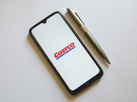 In this photo illustration a Costco logo is display on a smartphone screen and a pencil in Athens, Greece on October 4, 2021. (