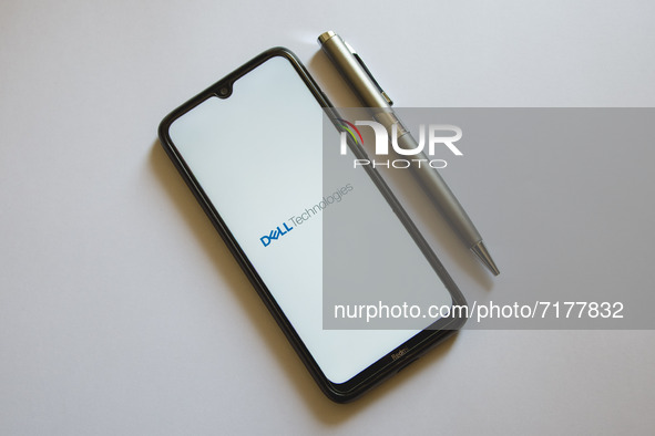 In this photo illustration a Dell Technologies logo is display on a smartphone screen and a pencil in Athens, Greece on October 4, 2021. 