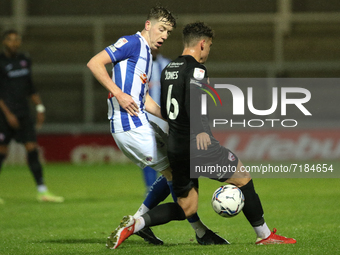    Tom Crawford of Hartlepool United in action during the EFL Trophy match between Hartlepool United and Morecambe at Victoria Park, Hartlep...