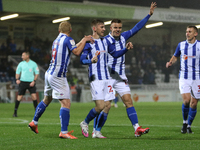    Matty Daly of Hartlepool United celebrates with teammates after scoring during the EFL Trophy match between Hartlepool United and Morecam...